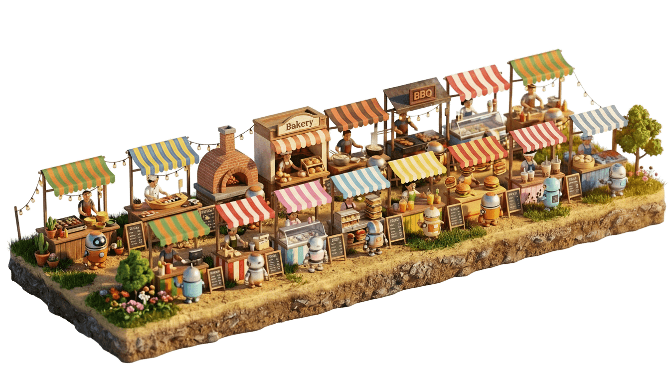 Miniature food court diorama with robots ordering from food stalls