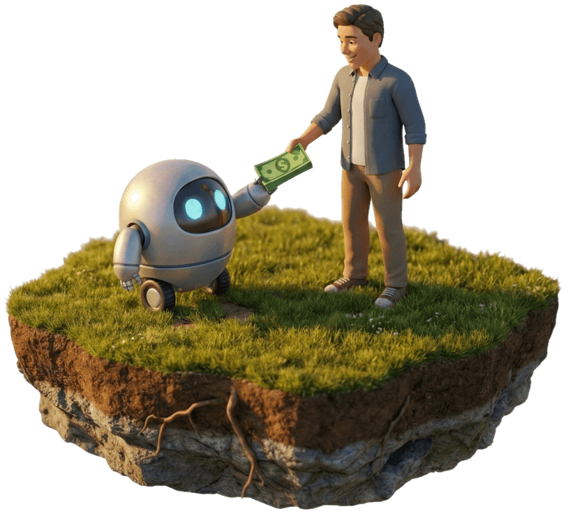 Person handing money to a friendly robot on a grassy island