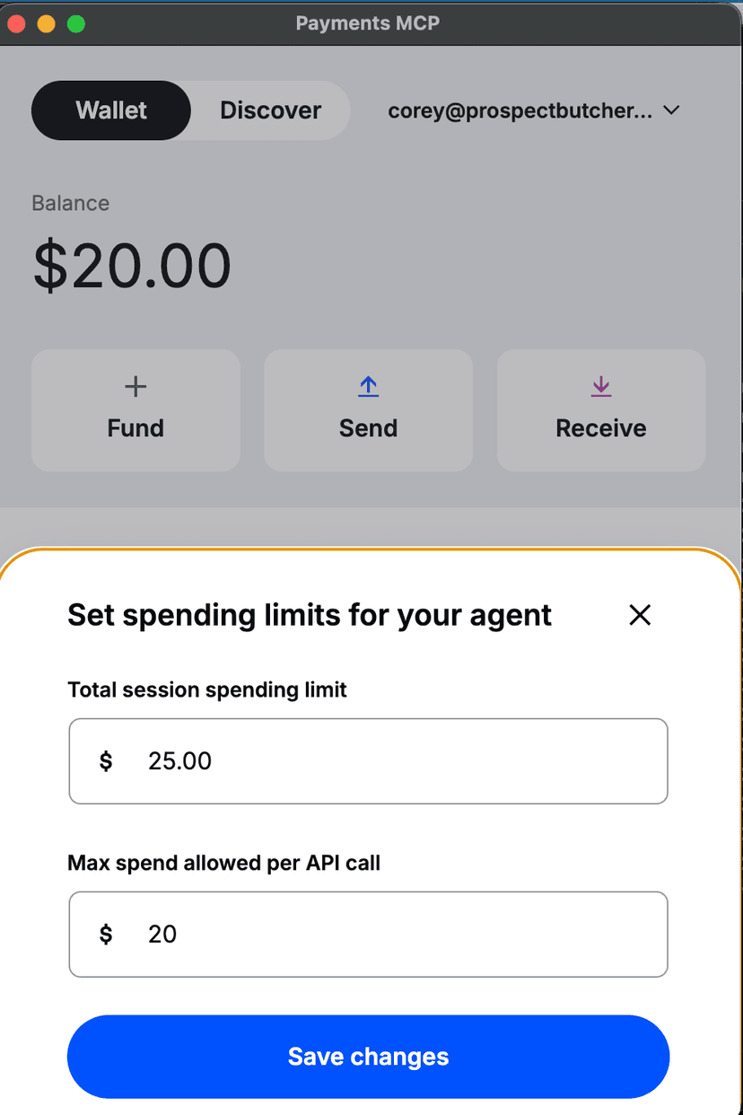 Spending limits modal showing total session limit and per-transaction limit fields