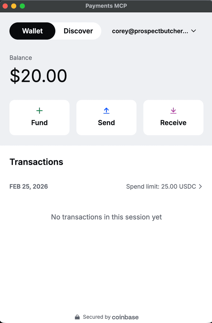 Coinbase Agentic Wallet showing balance, Fund, Send, and Receive buttons