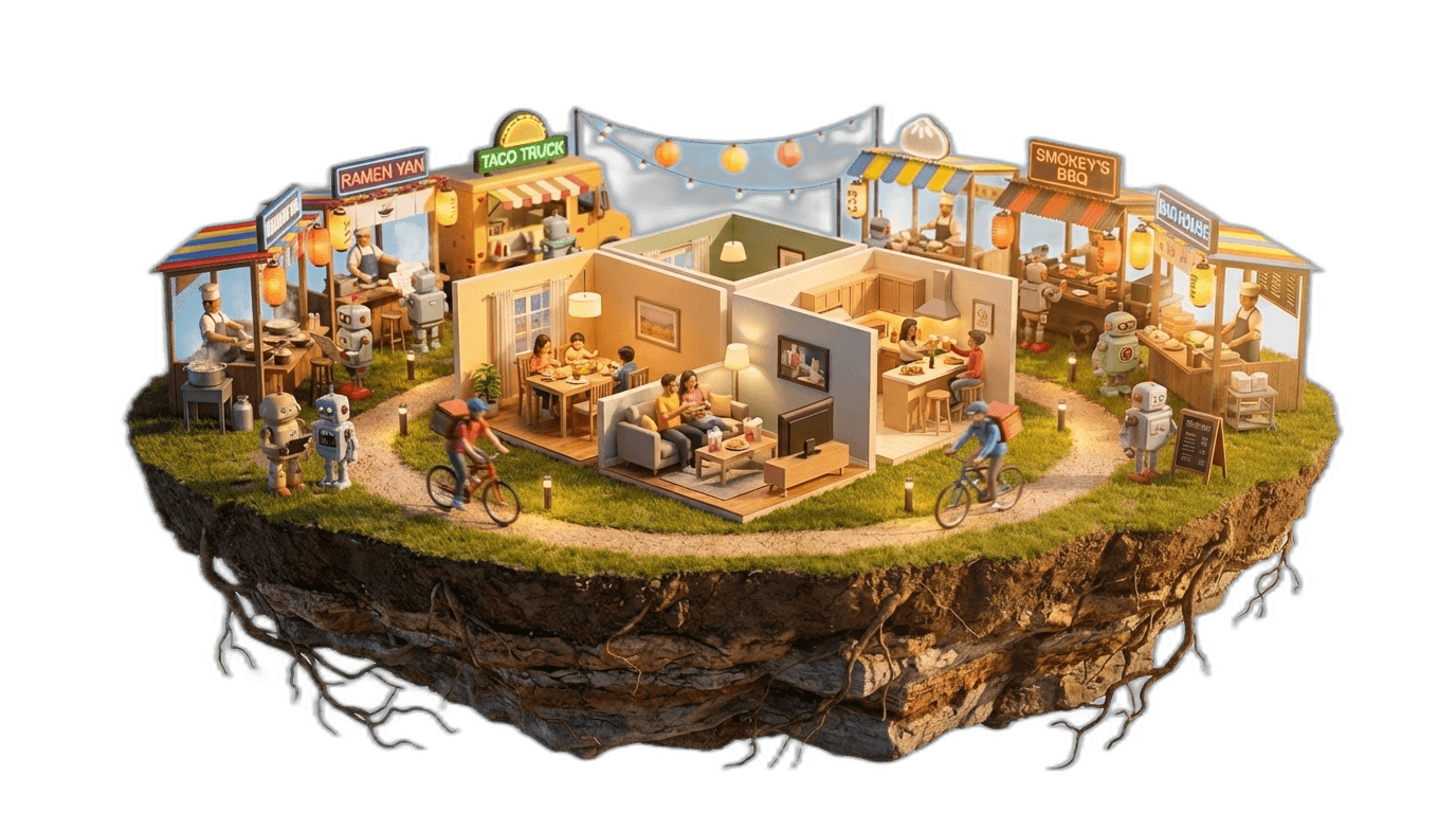 Floating island food court diorama in bright afternoon sunlight