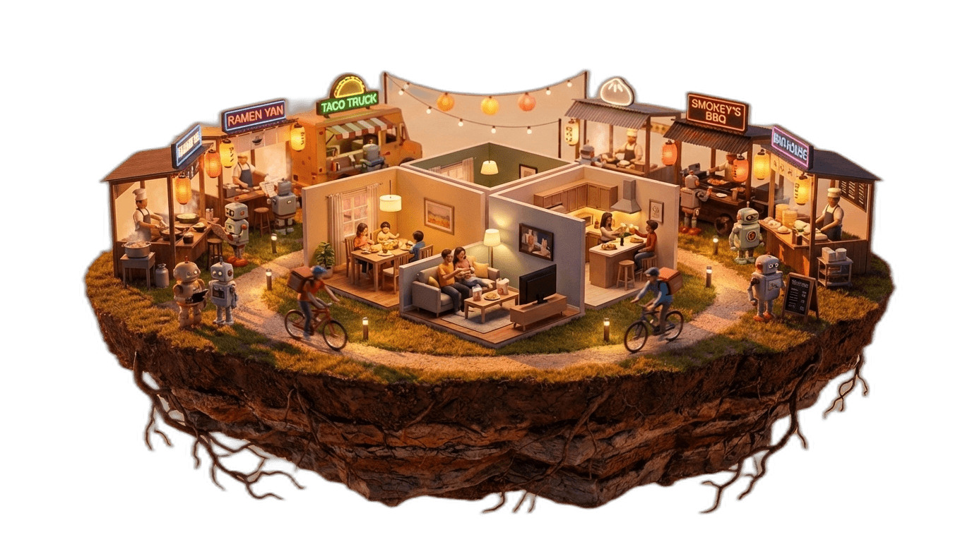 Food court diorama during golden hour with warm amber light