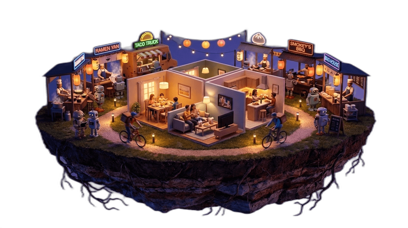 Food court diorama at twilight with purple sky