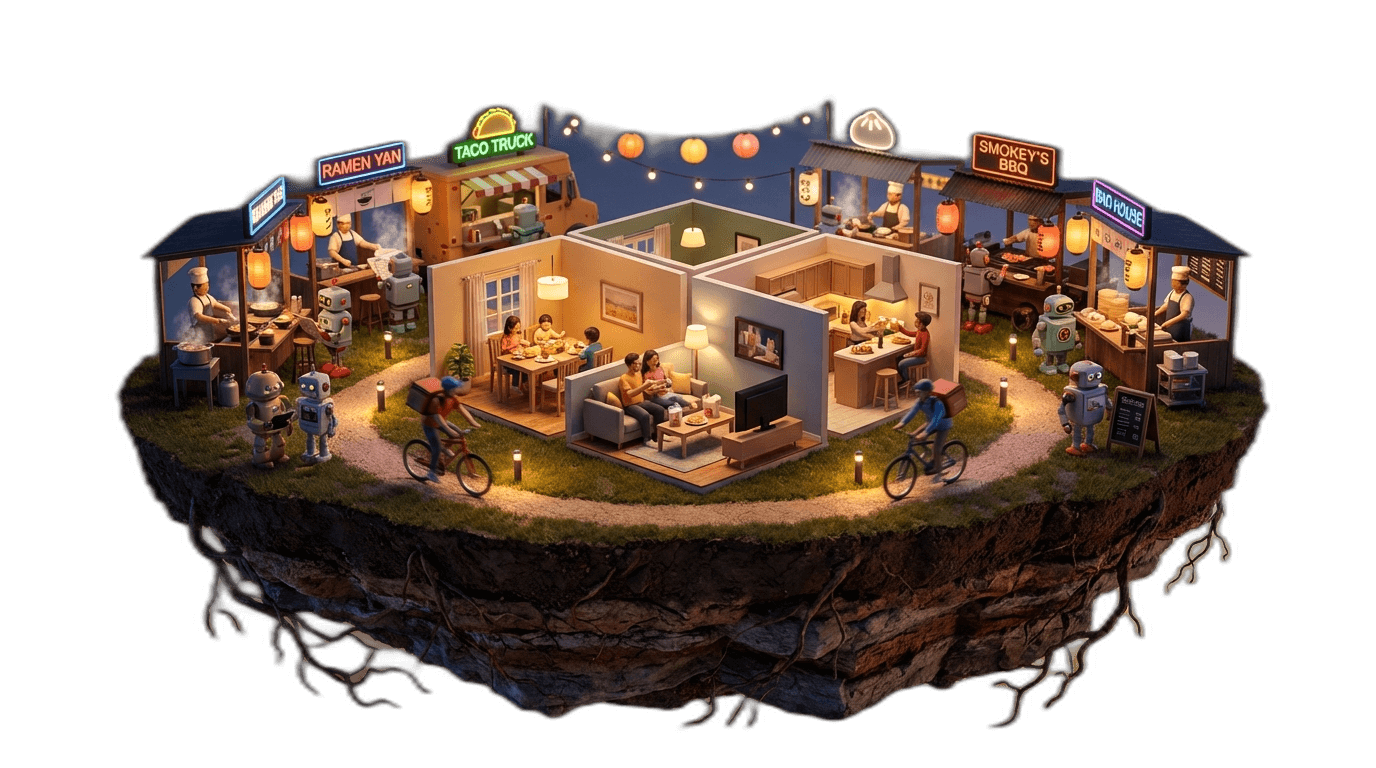 Food court diorama at night with glowing string lights