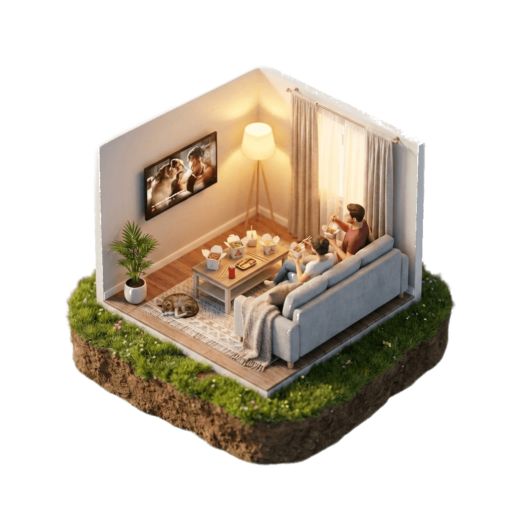 Couple relaxing on the couch while their AI orders dinner